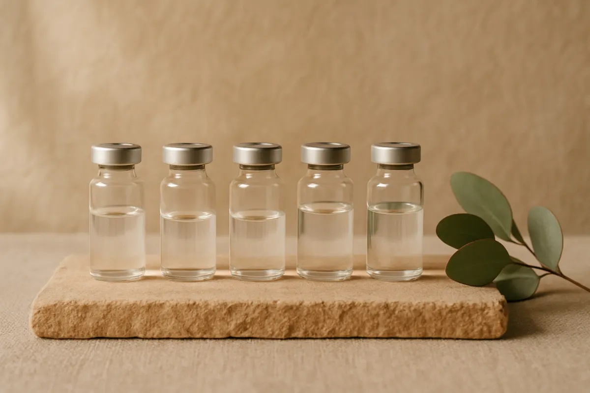 Five identical glass vials in a row on warm sandstone, filled to steadily increasing levels