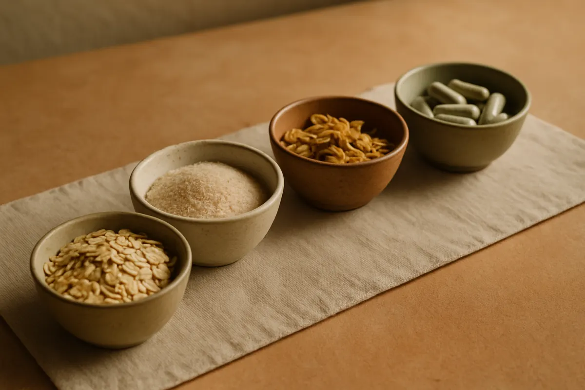 Whole oats, psyllium husk and dried botanicals arranged in small ceramic bowls on a linen cloth
