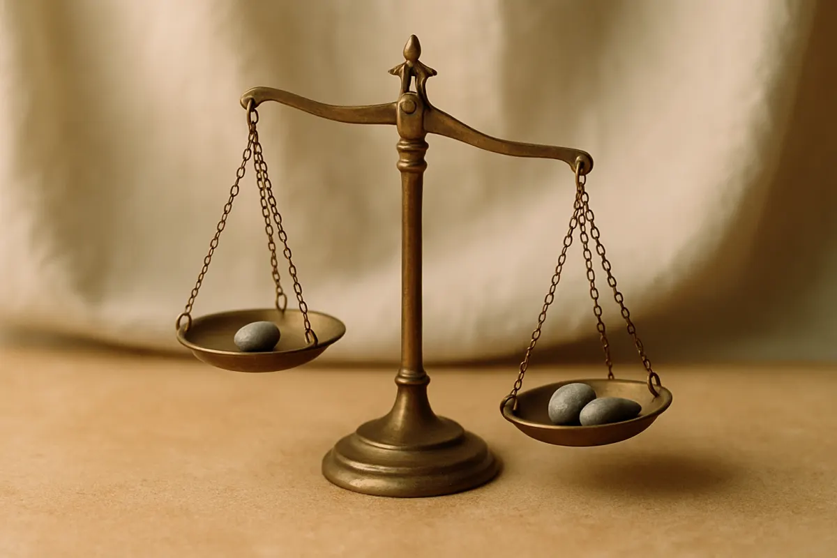 A brass balance scale on sandstone tipped to one side, one pan holding a single pebble and the other three