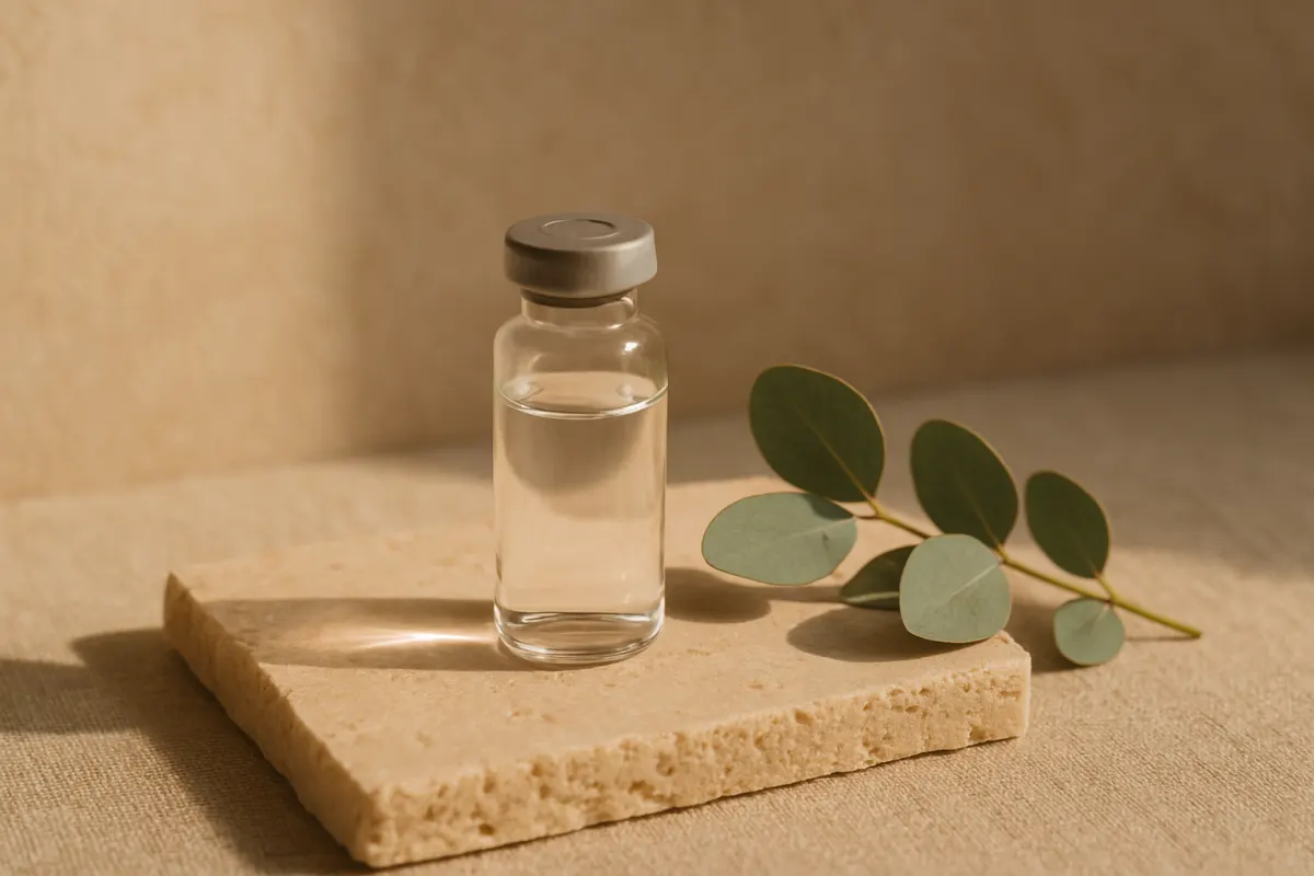 A clear glass vial and a small syringe resting on a pale stone surface beside a sprig of eucalyptus