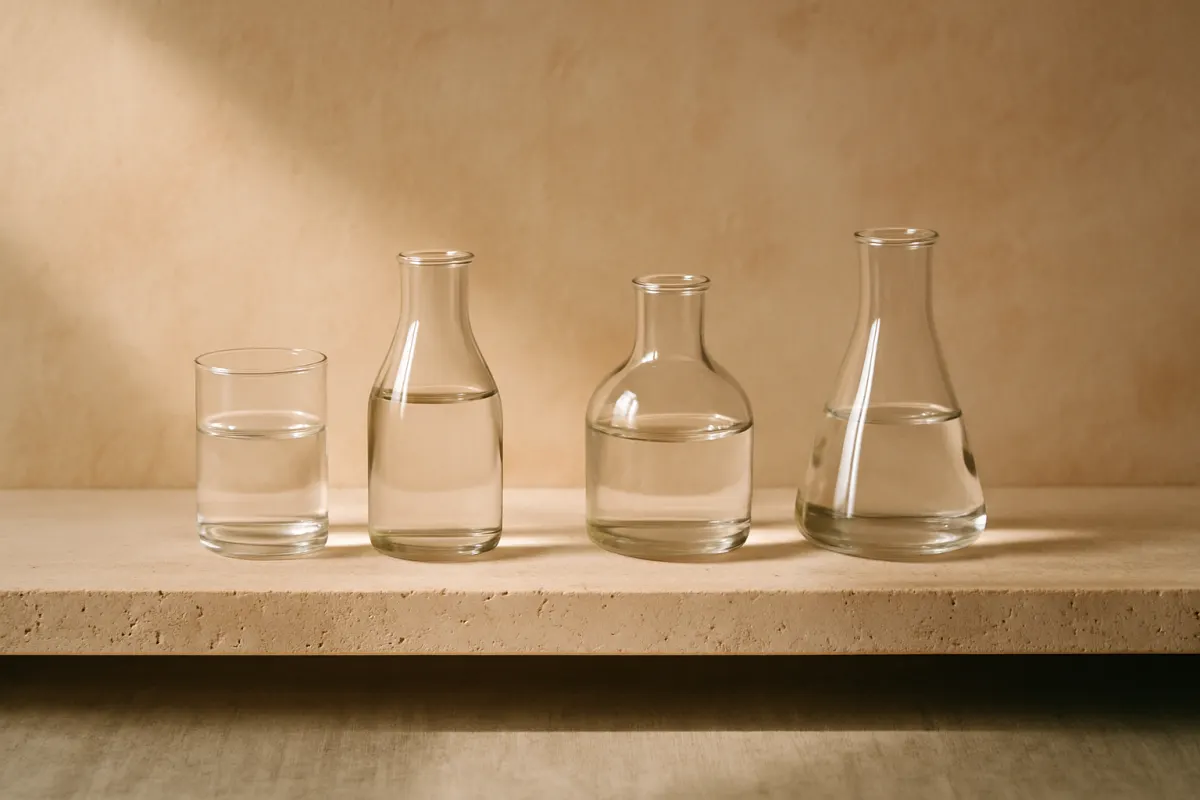 Four small glass vessels in a row on a pale stone shelf, each filled to a different level