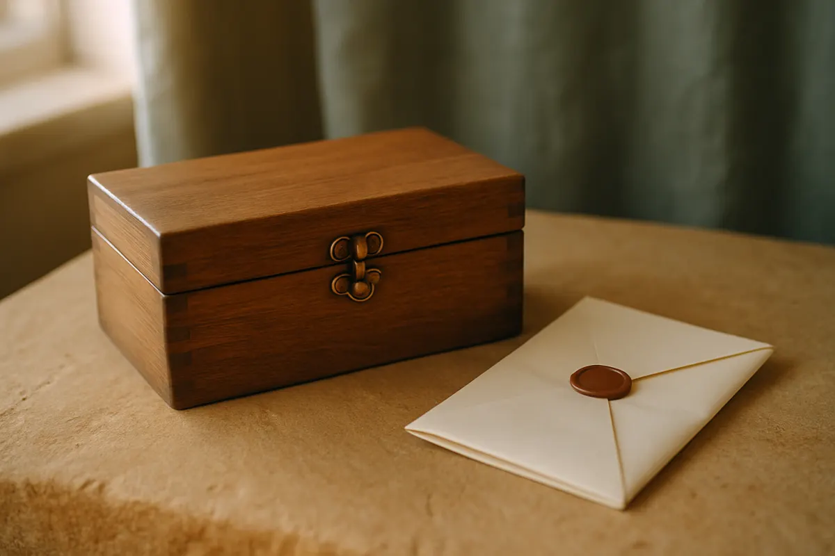A closed wooden apothecary box beside a folded document on warm sandstone
