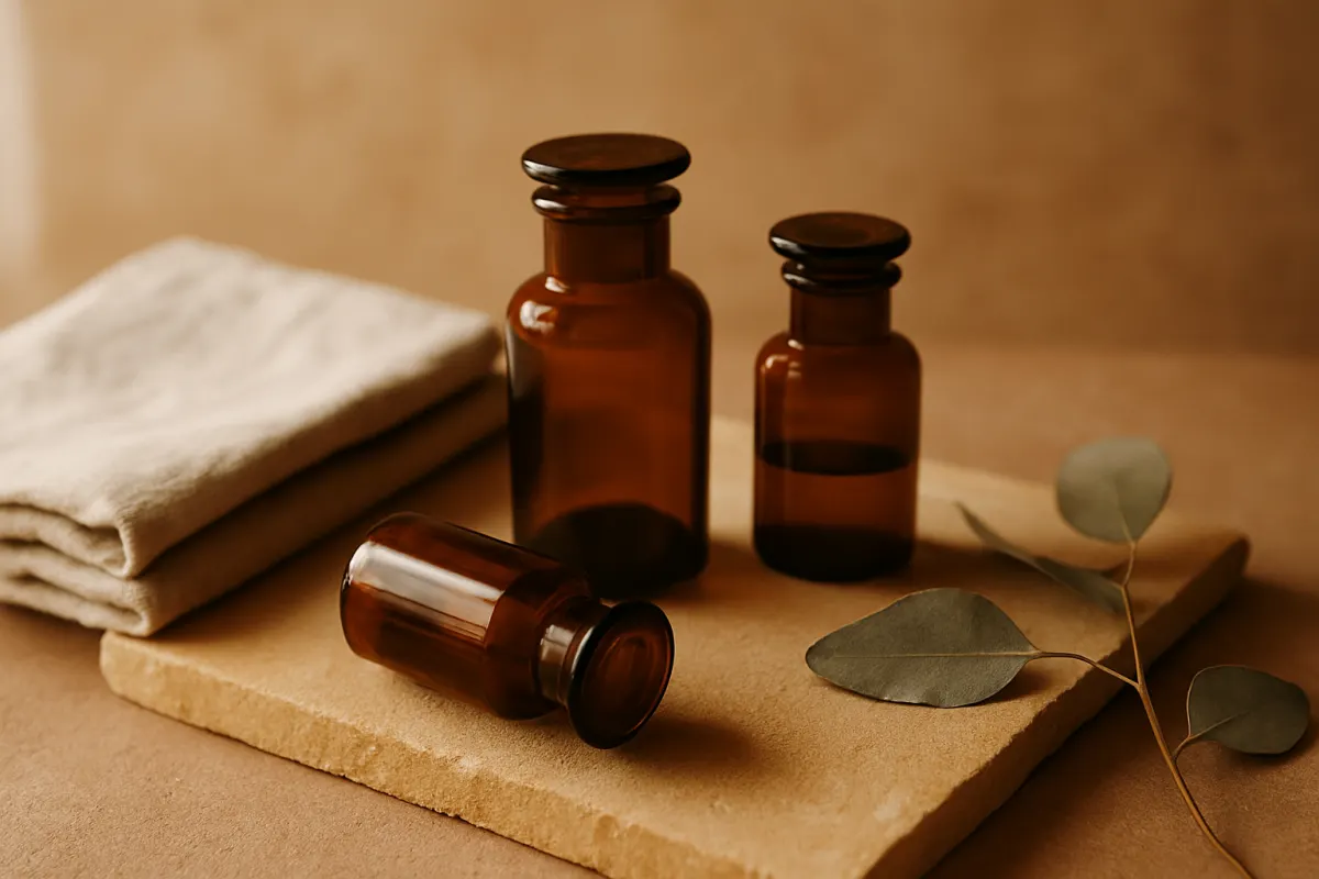 Amber glass vials and a folded linen cloth on a warm sandstone surface in soft morning light