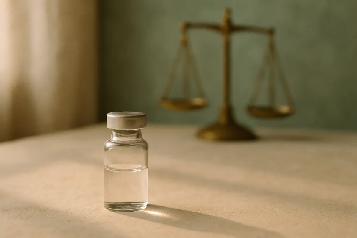 A single small medicine vial casting a soft shadow on warm sandstone, photographed in natural light