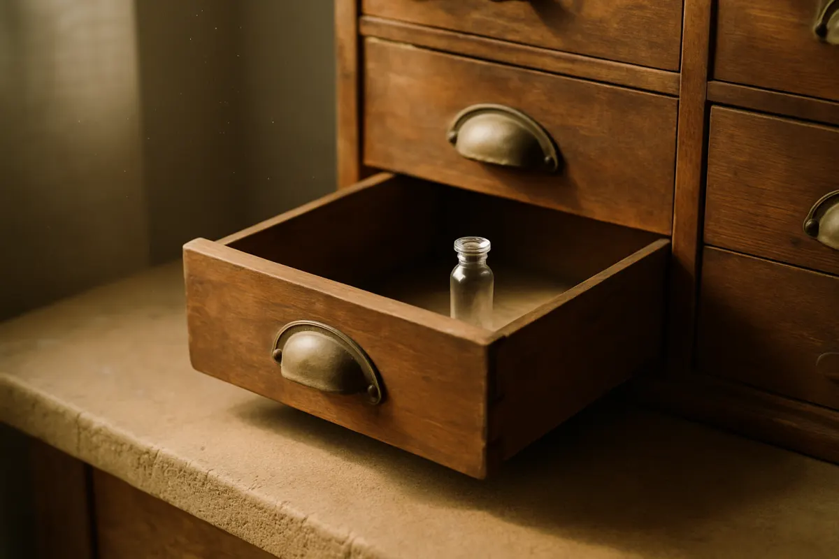 An empty vintage pharmacy drawer pulled open with a single vial resting inside