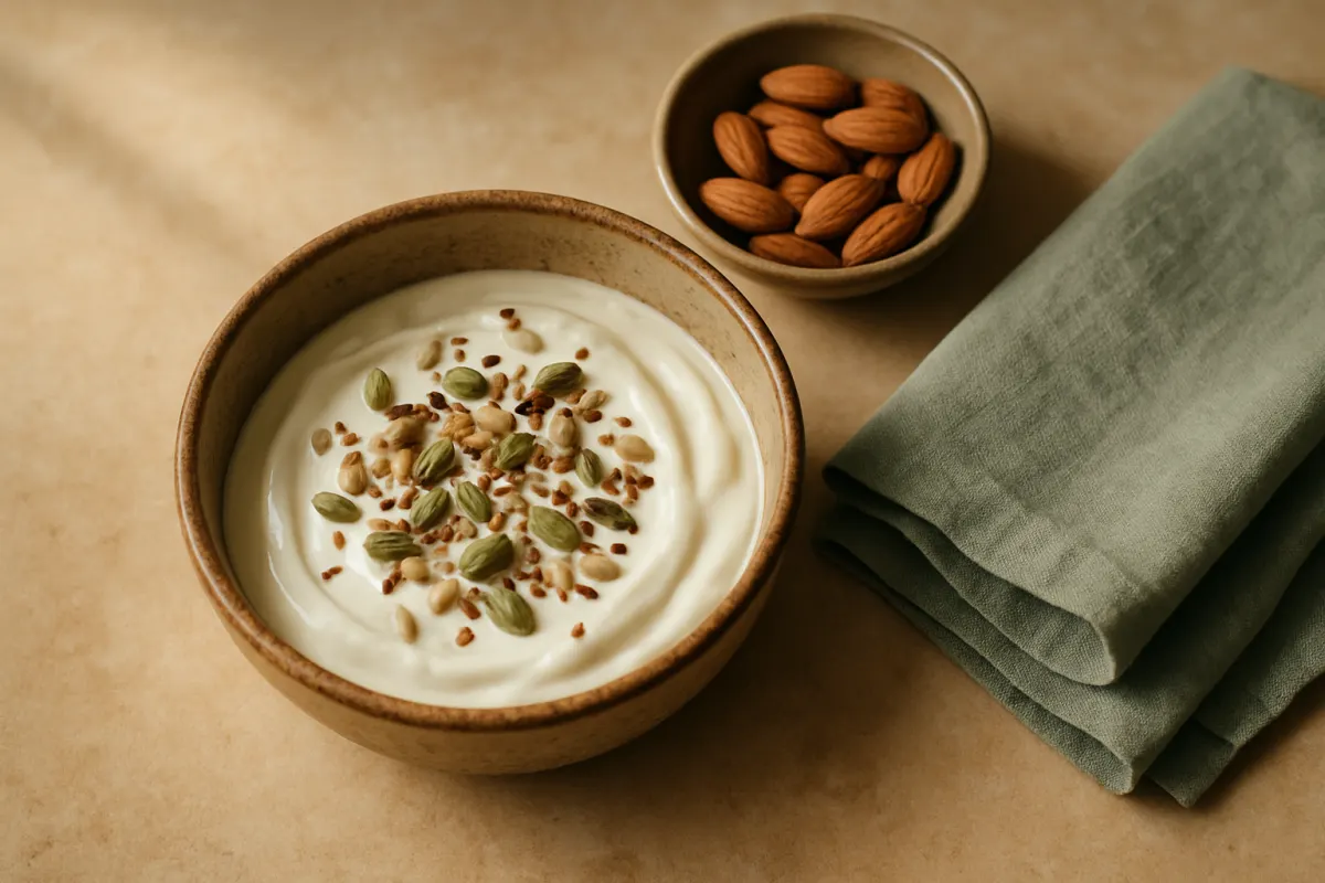 A bowl of yoghurt topped with seeds beside a dish of almonds on warm sandstone